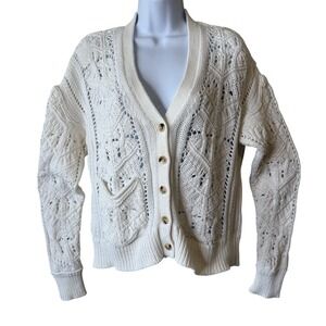 Sundance Cotton Cardigan Sweater Women's S‎ Cream Open Knit Button Front Pocket